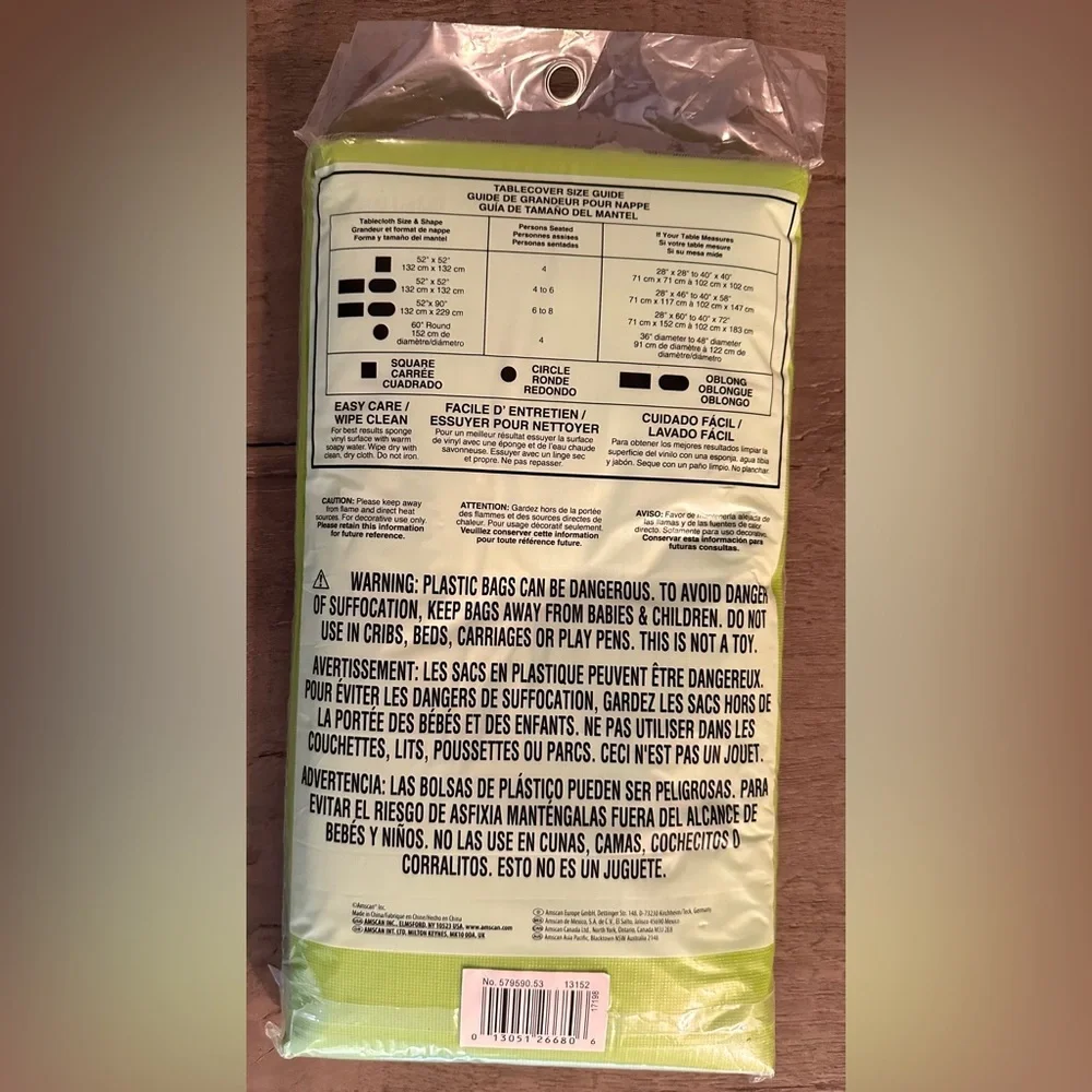 NWT Amscan Tablecloth - Flannel-backed Vinyl - Durable & Reusable - Lime Green